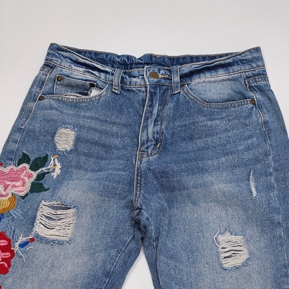 Tempo Paris Design Distressed Embroidered Jeans Ripped Denim Flower Design - Picture 3 of 10